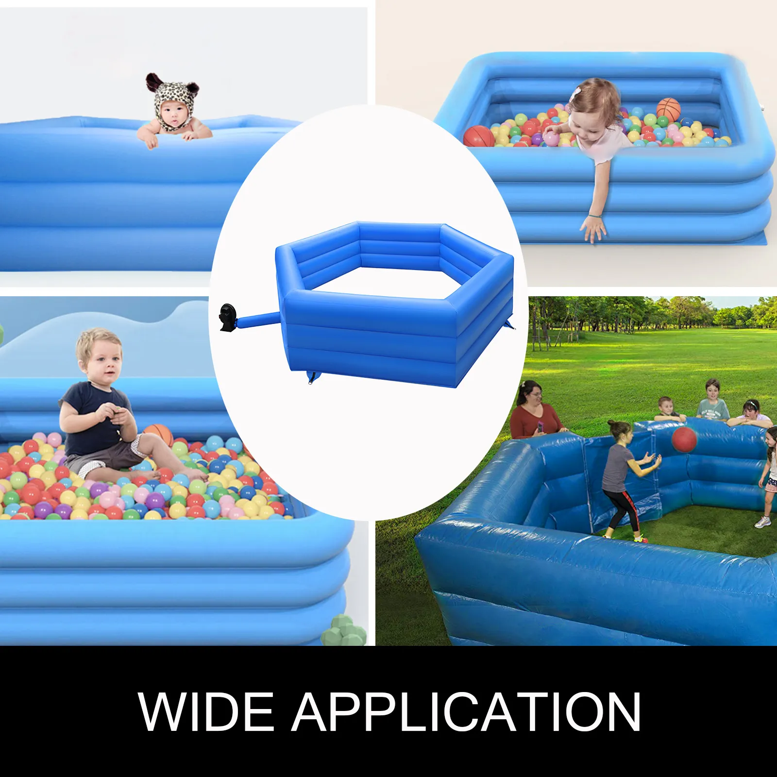 collage of VEVOR gaga ball pit in various settings, highlighting its wide application.