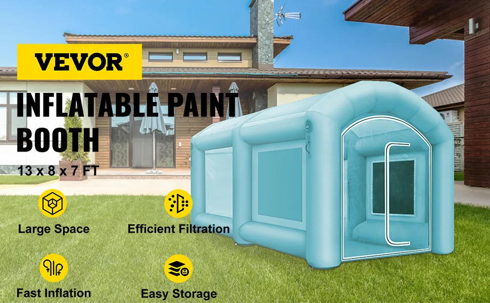 Cabina de pintura inflable VEVOR frente a una casa que muestra características como filtración eficiente.
