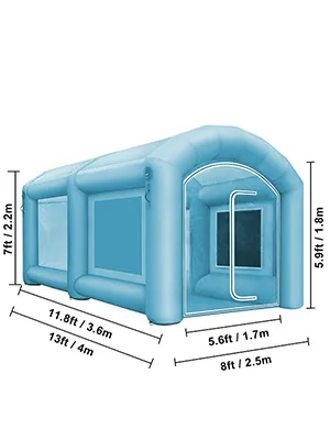 Cabina de pintura inflable VEVOR con dimensiones: 13 pies x 8 pies x 7 pies, exterior azul.