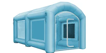 Cabina de pintura inflable VEVOR en color azul con ventanas transparentes y entrada con cremallera.