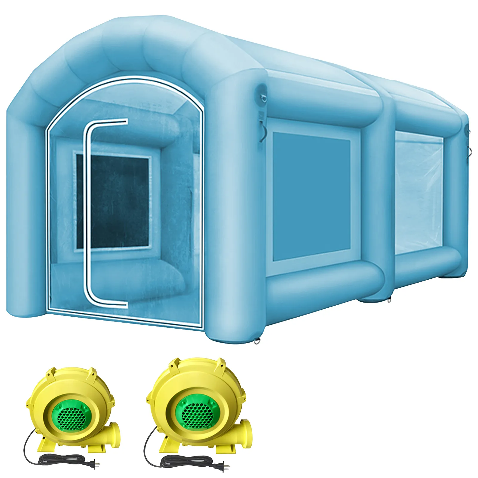 Cabina de pintura inflable azul con dos sopladores amarillos. Palabra clave de enfoque: cabina de pintura inflable VEVOR.