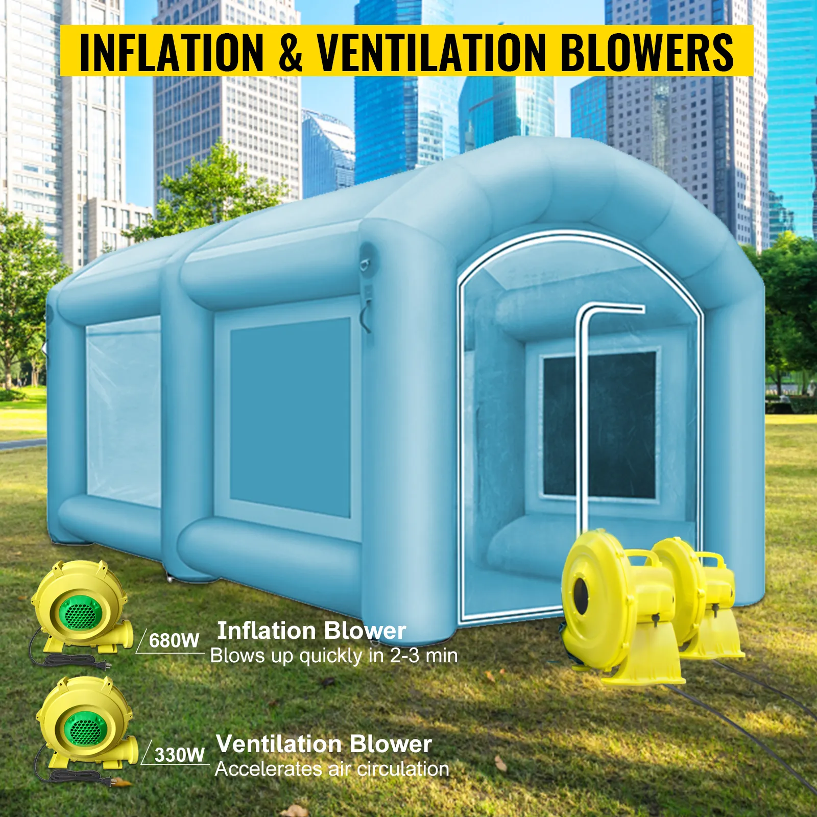 Cabina de pintura inflable VEVOR con sopladores de inflado y ventilación en un entorno de parque.