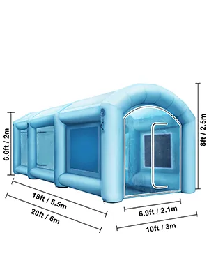 VEVOR inflatable paint booth with clear windows and blue walls, dimensions labeled.