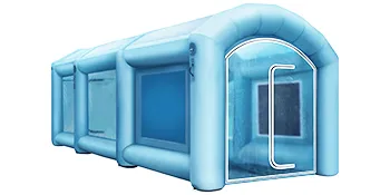 blue VEVOR inflatable paint booth with transparent windows and curved entrance.