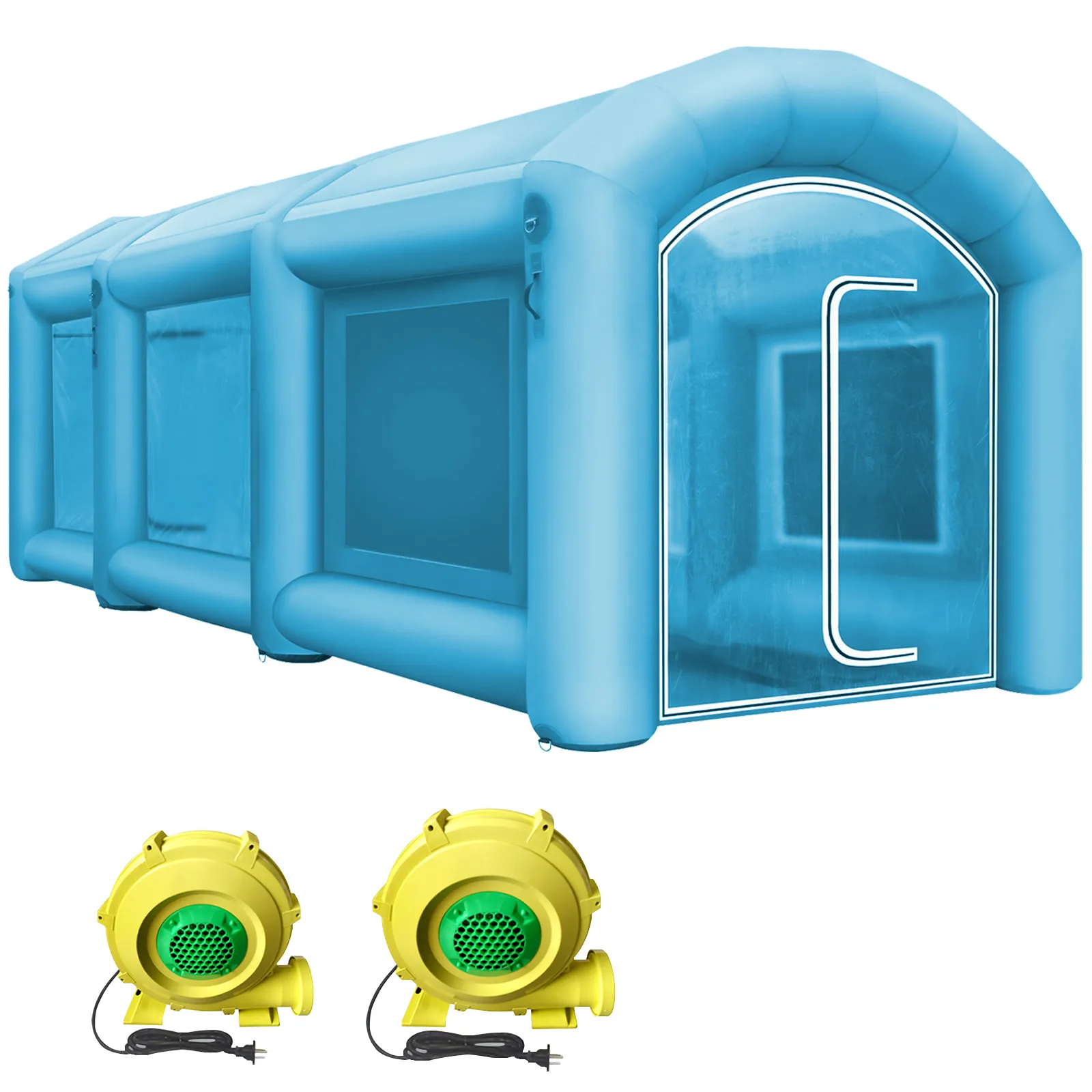 blue VEVOR inflatable paint booth with yellow blowers on white background.