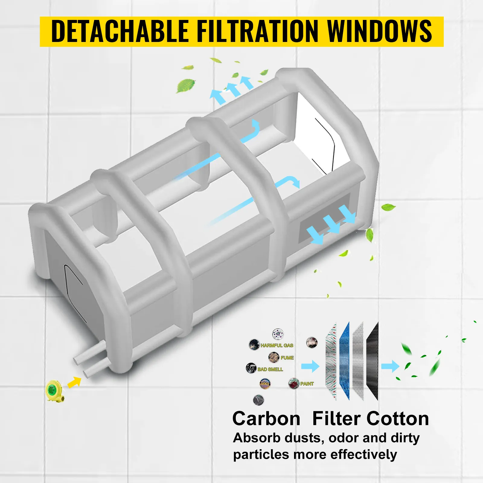VEVOR inflatable paint booth with detachable filtration windows and carbon filter cotton.