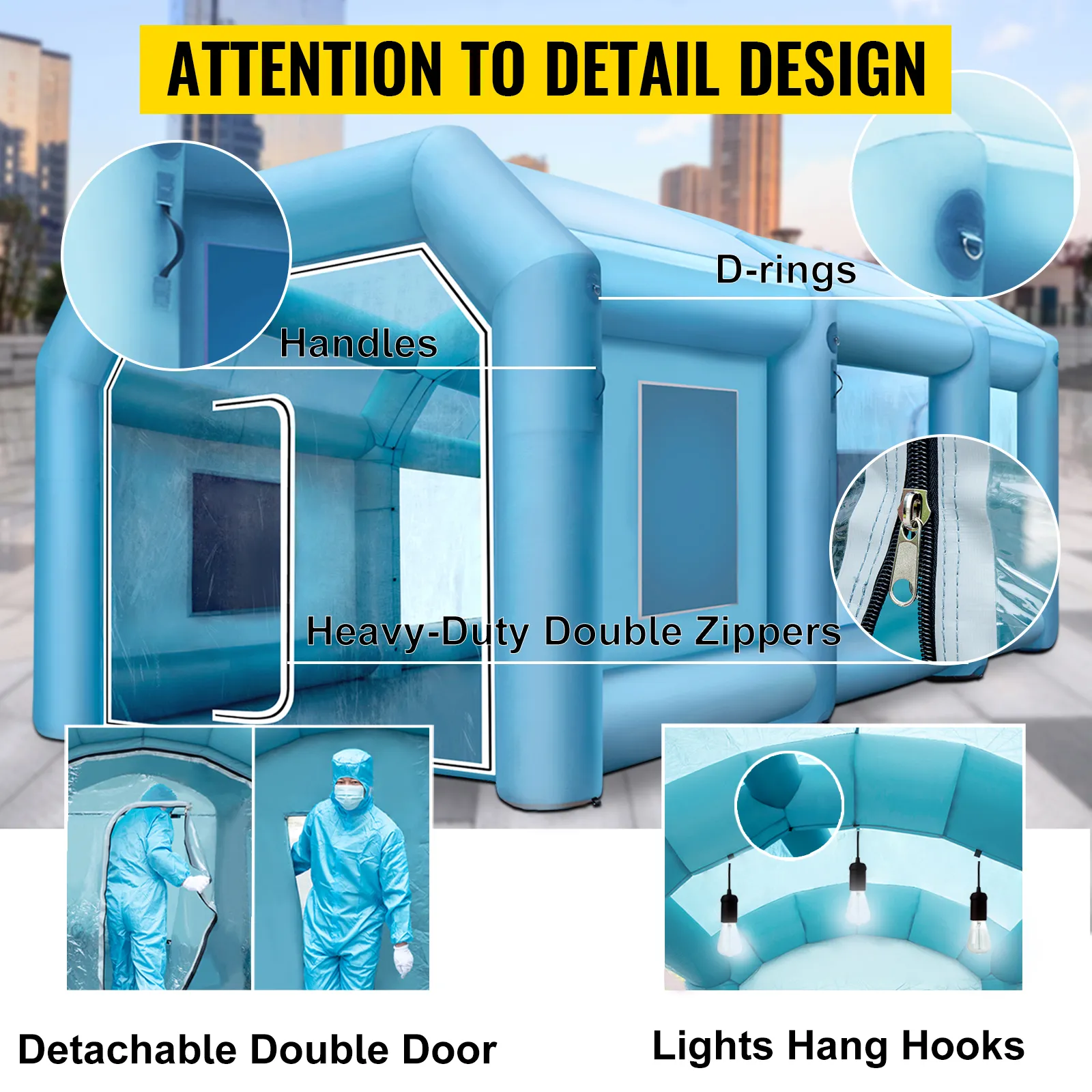 VEVOR inflatable paint booth with detachable double door, handles, and lights hang hooks.