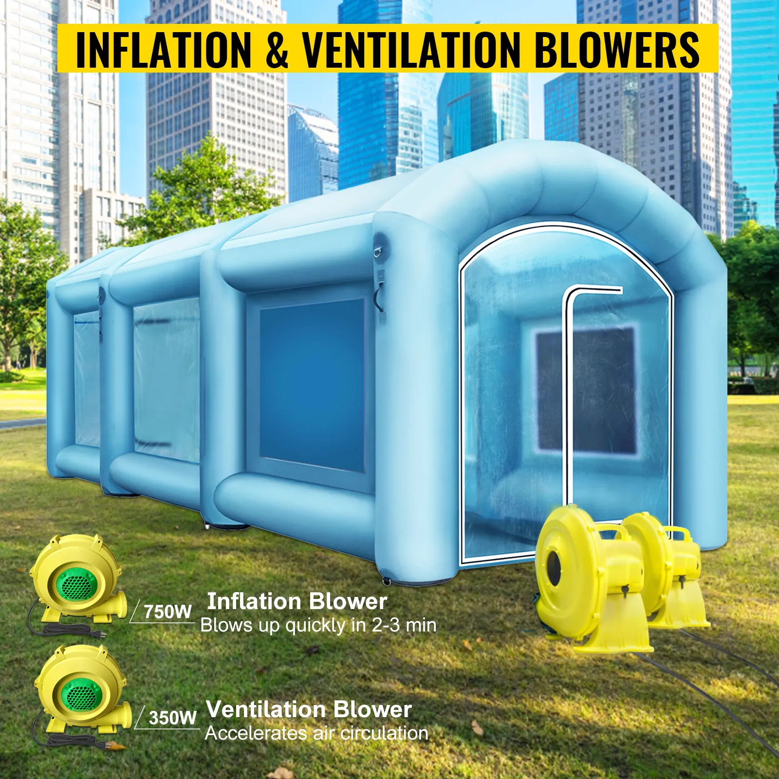 VEVOR inflatable paint booth with inflation and ventilation blowers in a park setting.