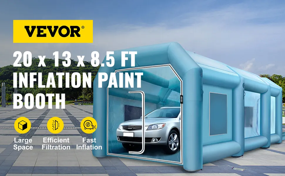 Cabina de pintura inflable VEVOR, 20x13x8,5 pies, filtración eficiente, inflado rápido.