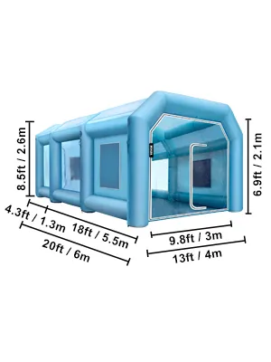 Cabina de pintura inflable VEVOR en color azul, con dimensiones etiquetadas: 20 pies x 13 pies x 9,8 pies.