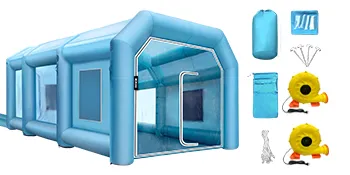 Cabina de pintura inflable VEVOR con accesorios y sopladores de aire duales en color azul.
