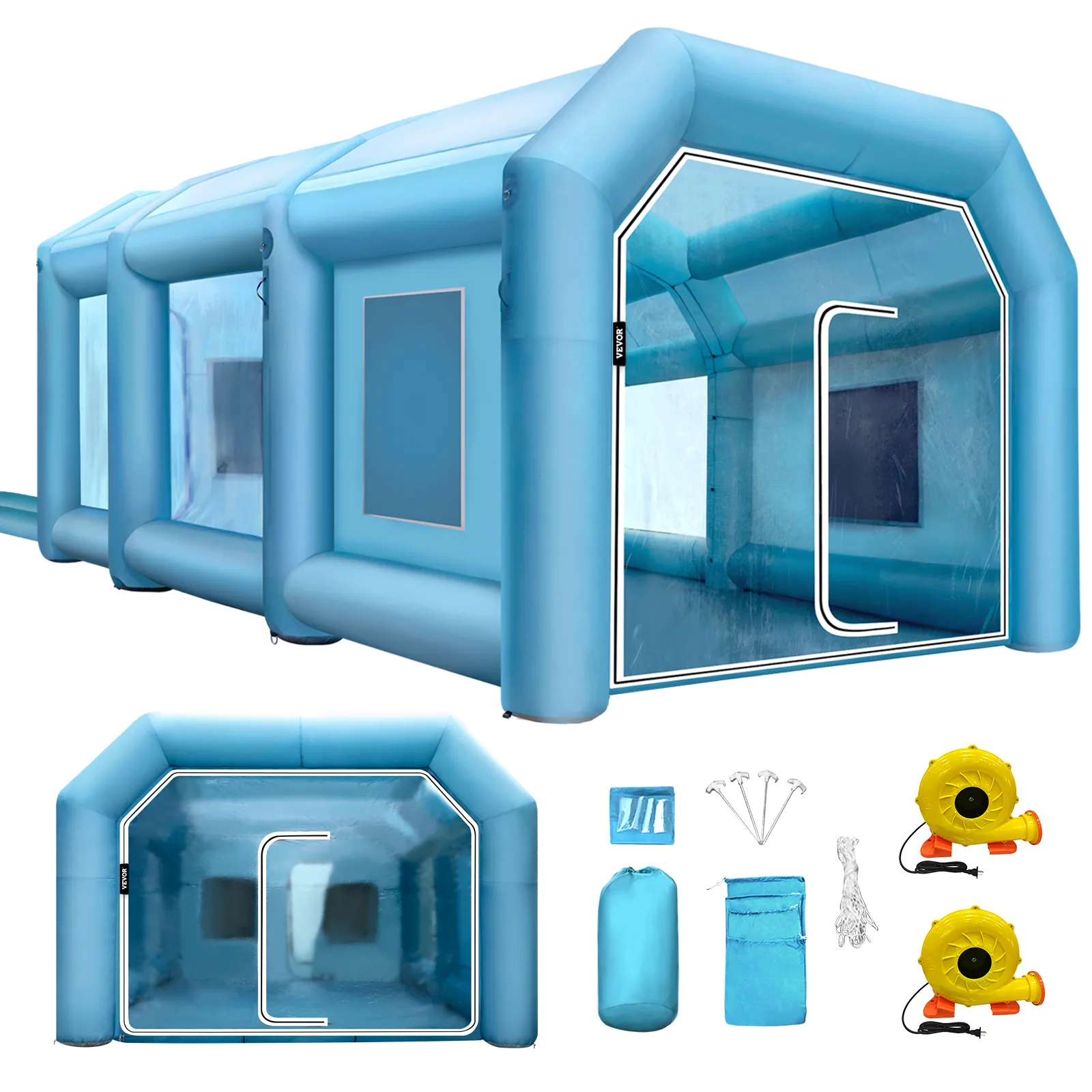 Cabina de pintura inflable azul VEVOR con ventanas transparentes y accesorios incluidos.
