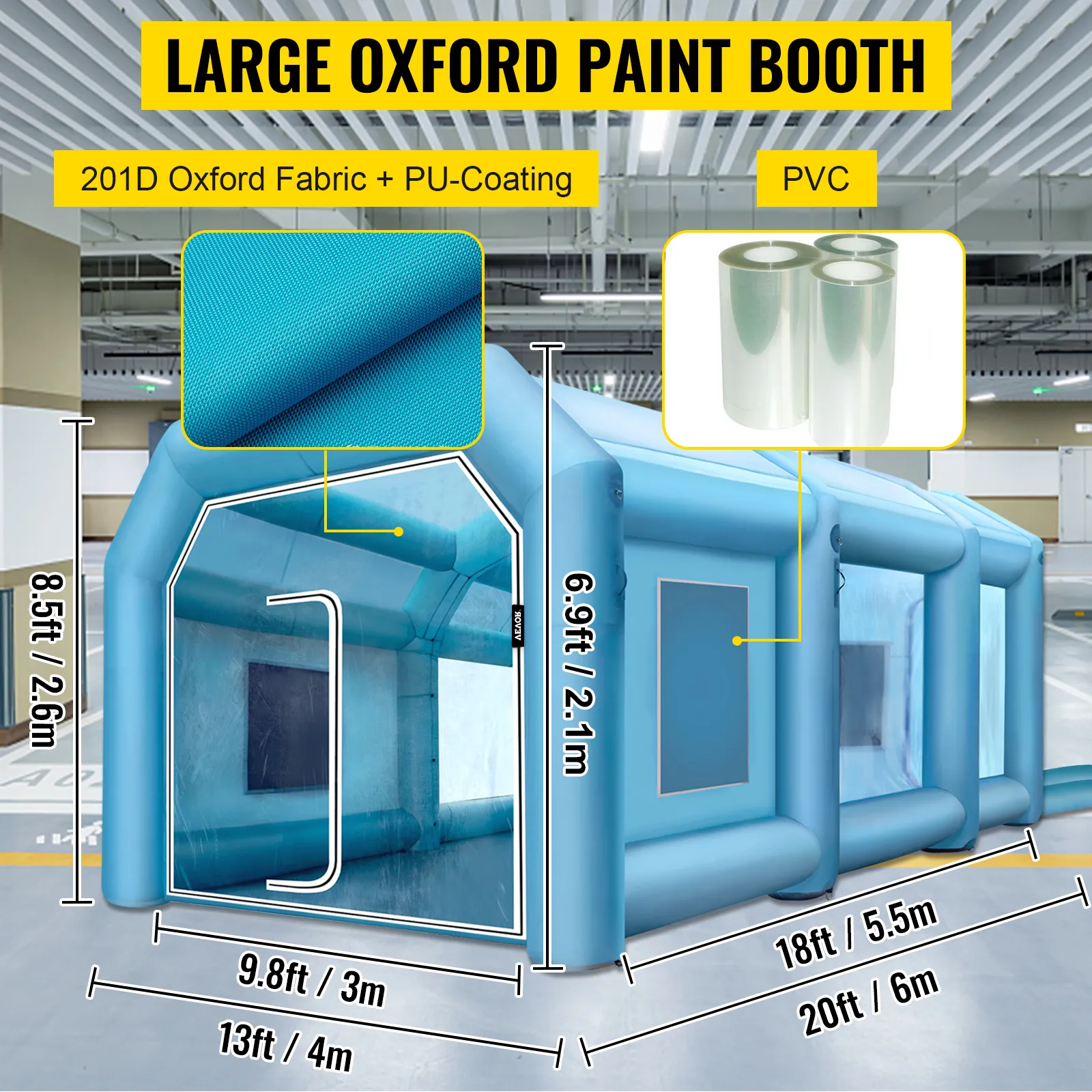 Dimensiones y detalles del material de la cabina de pintura inflable VEVOR.