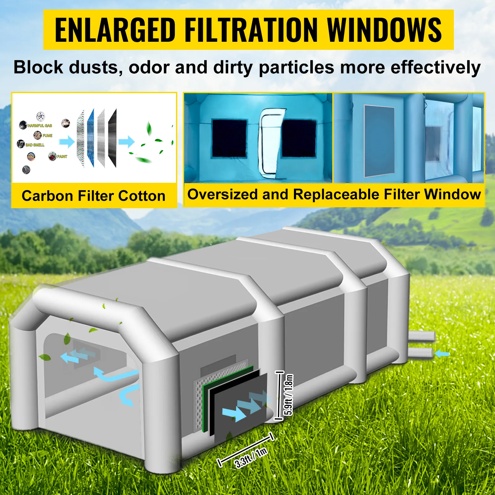 Cabina de pintura inflable VEVOR con ventanas de filtración agrandadas y filtro de carbón de algodón.