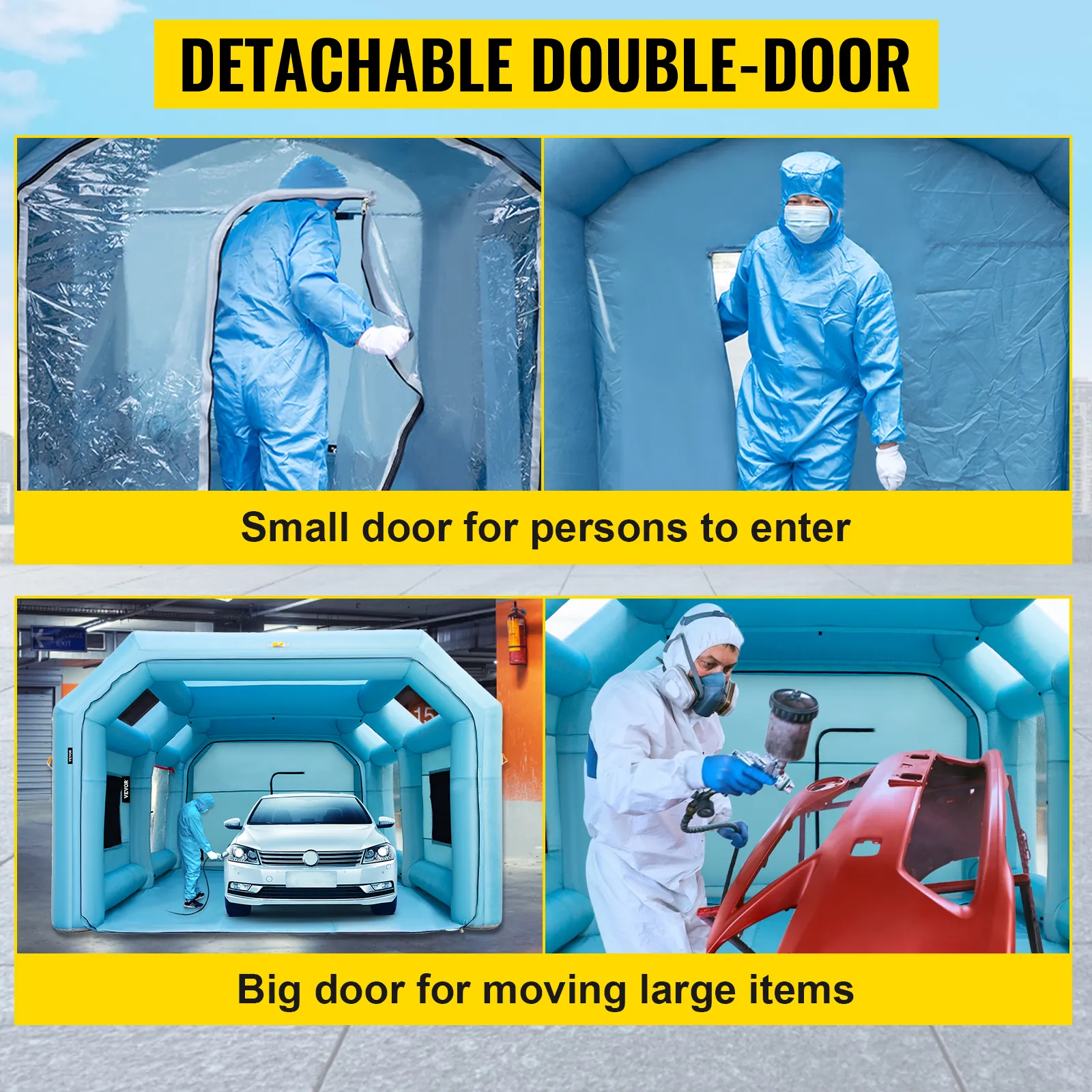 Cabina de pintura inflable VEVOR con puerta doble desmontable para fácil acceso.