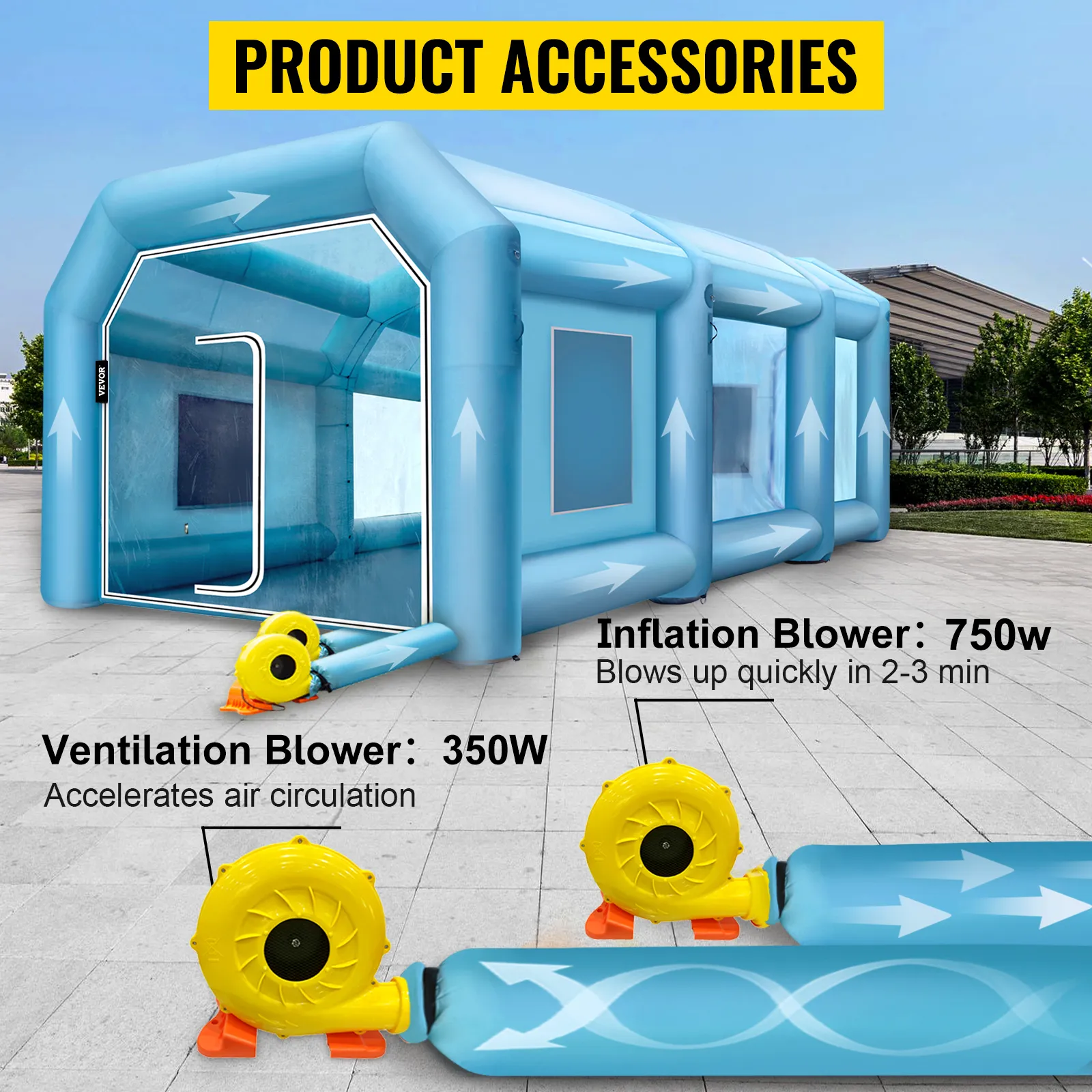 Cabina de pintura inflable VEVOR con soplador de inflado de 750w y soplador de ventilación de 350w.