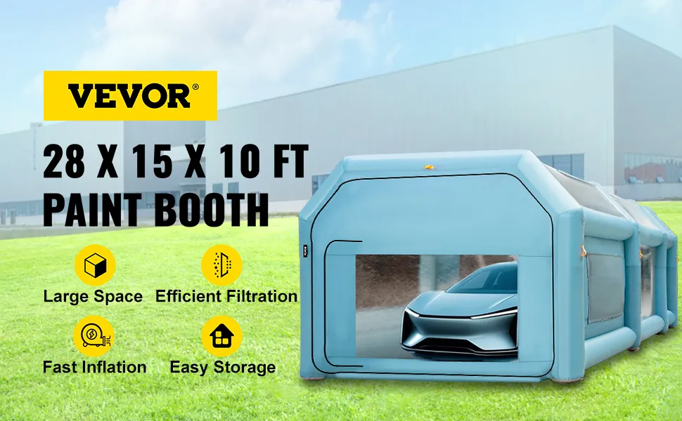 VEVOR inflatable paint booth showcasing a car with specs and features on a green lawn.