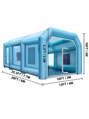 VEVOR inflatable car paint booth, blue, with dimensions of 26ft x 13ft x 10ft.