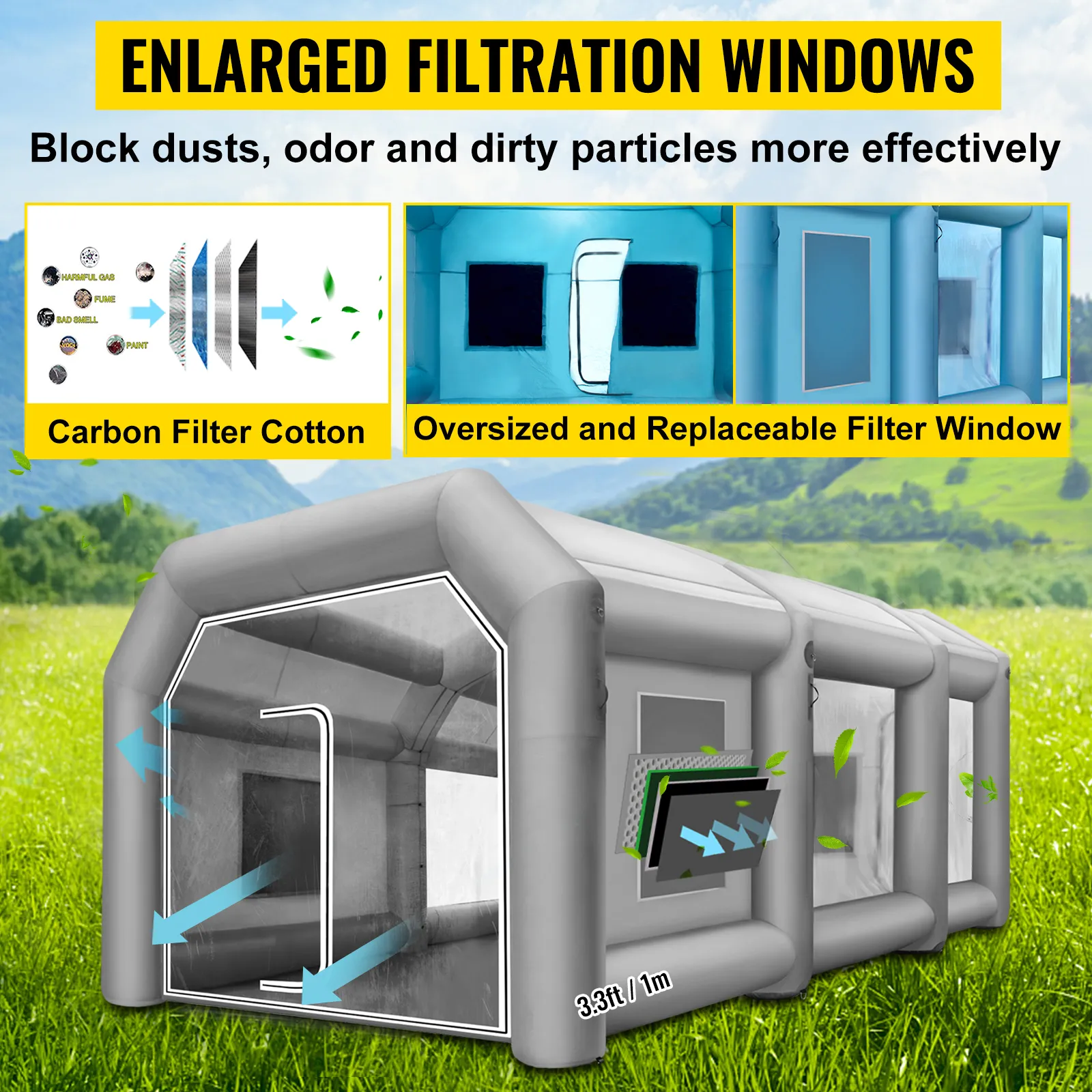 VEVOR inflatable car paint booth with enlarged filtration windows and carbon filter cotton.