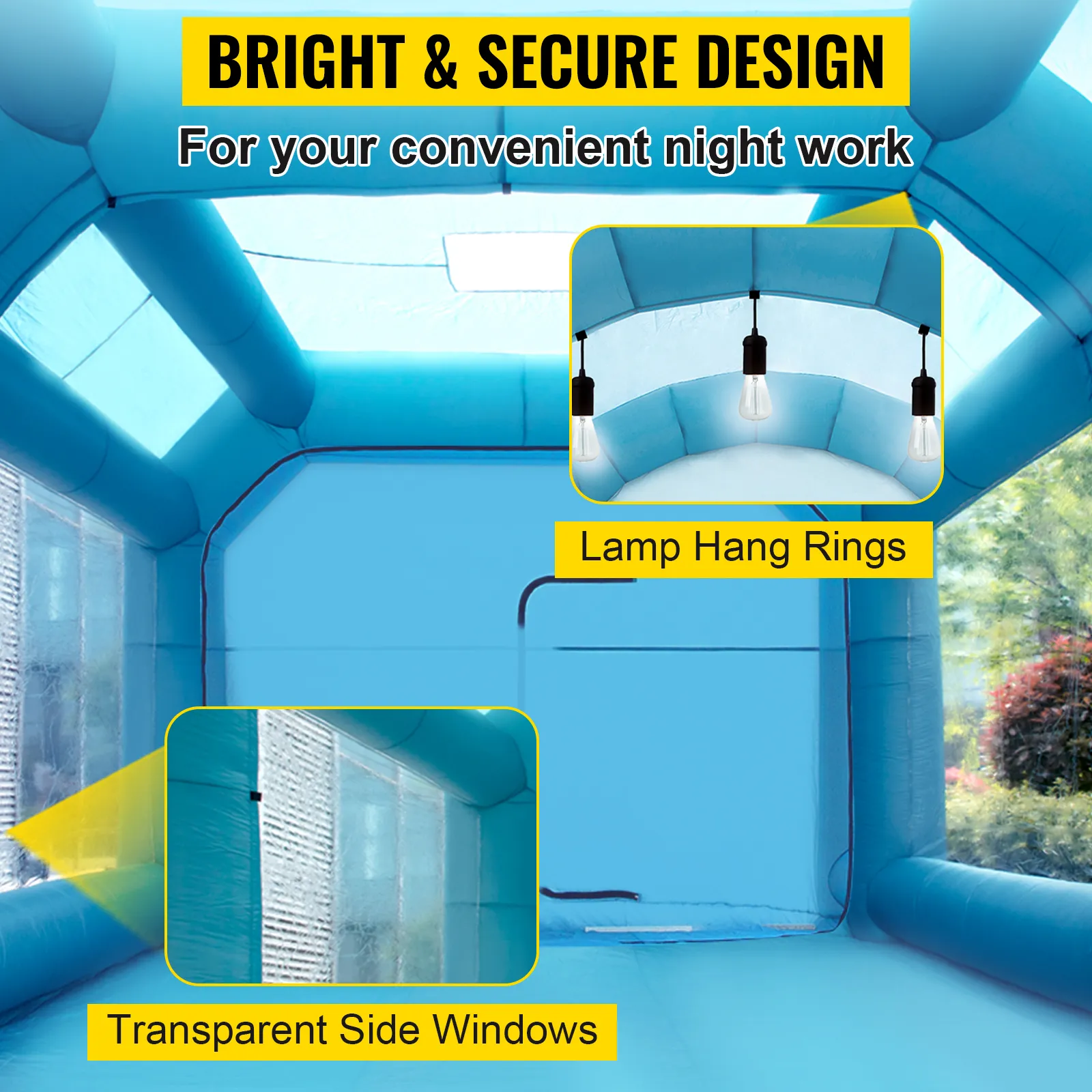 bright and secure VEVOR inflatable car paint booth with lamp hang rings and side windows.