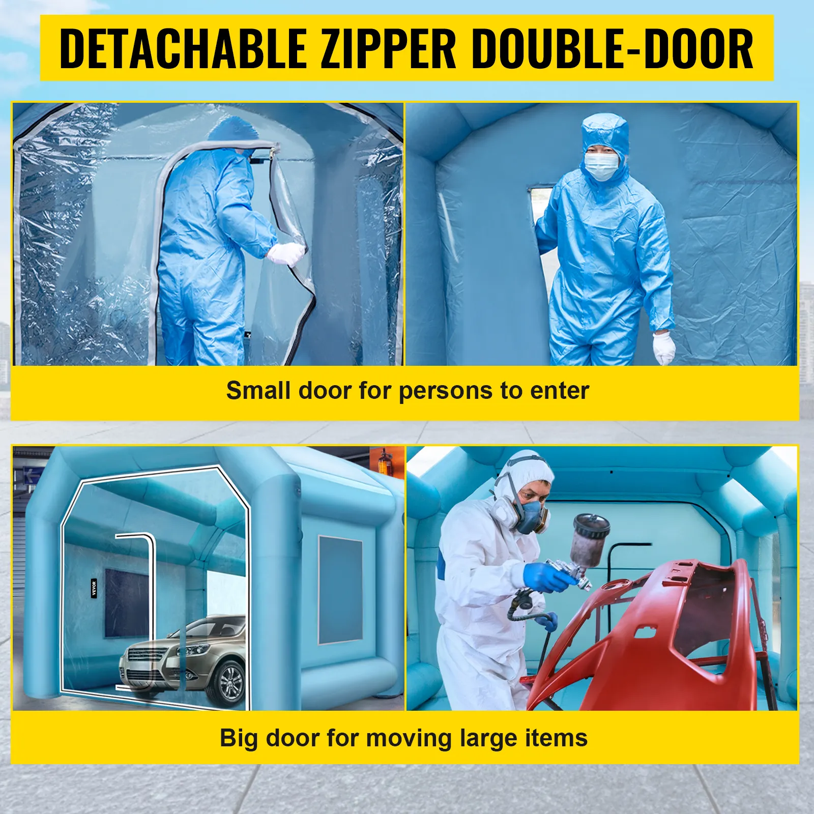 VEVOR inflatable car paint booth with detachable zipper double-door for easy access.