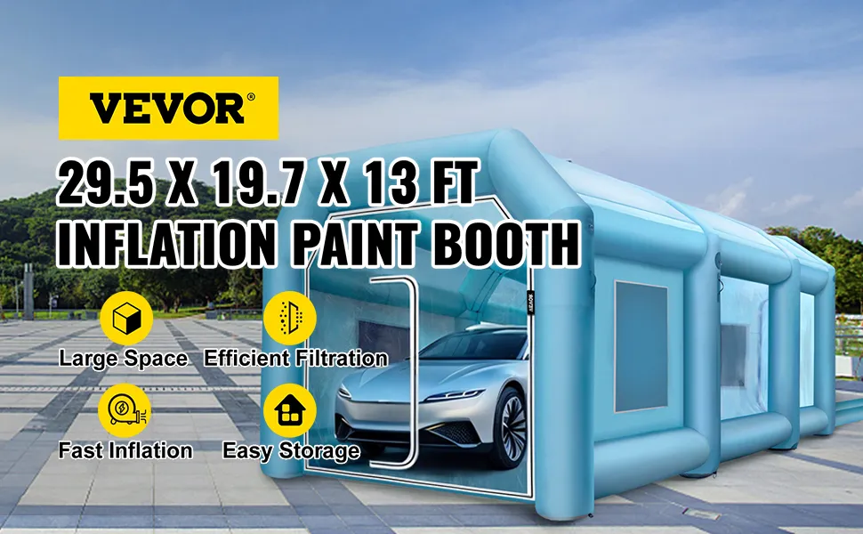 VEVOR inflatable paint booth with car, large space, efficient filtration, fast inflation.