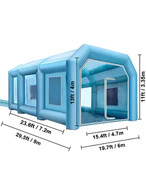 VEVOR inflatable paint booth showcasing dimensions and blue inflatable structure.