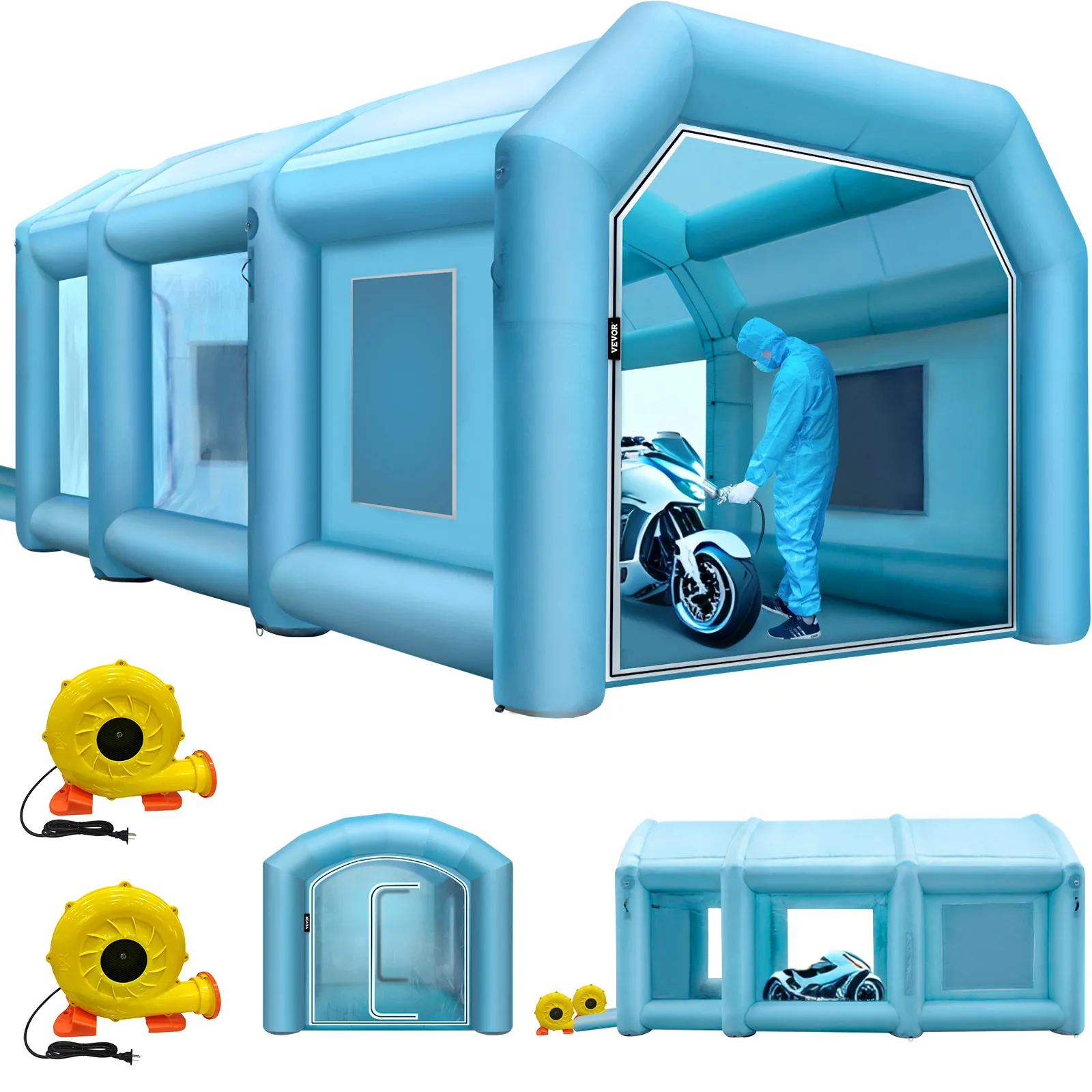 VEVOR inflatable paint booth with man painting motorcycle, includes two blowers.