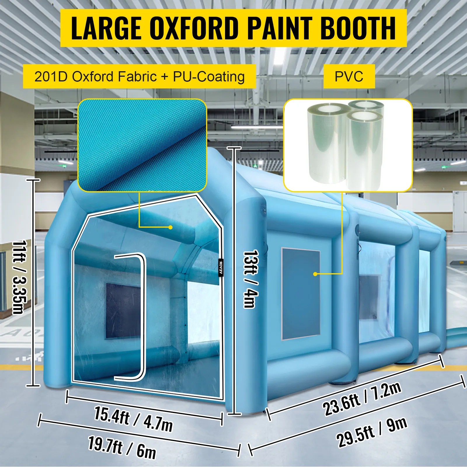 large VEVOR inflatable paint booth with pvc and 201d oxford fabric, 29.5ft long.