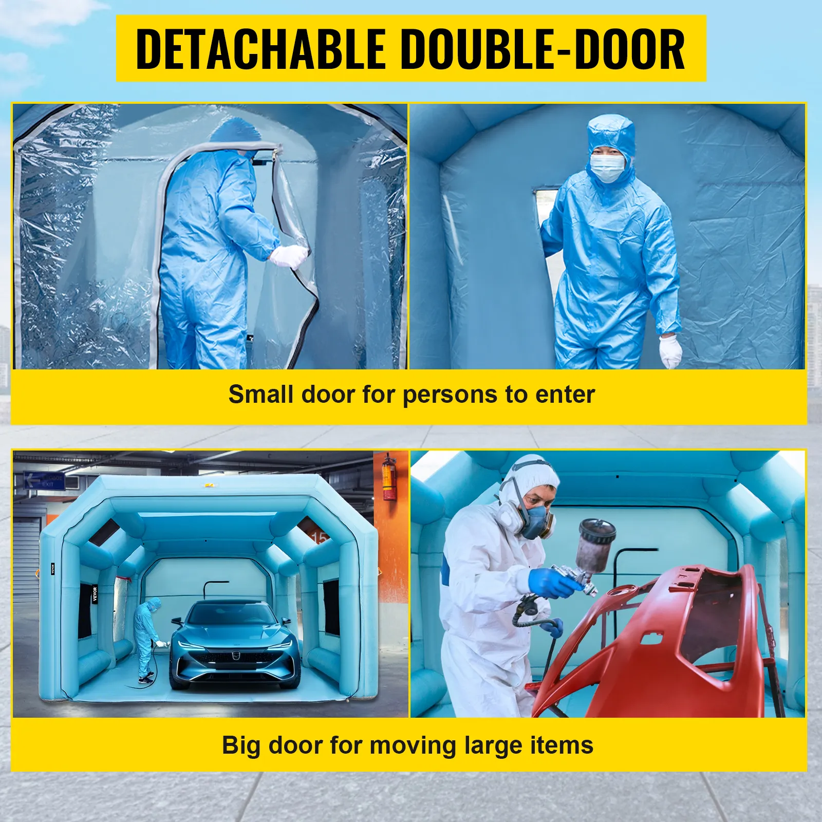 VEVOR inflatable paint booth with detachable double-door for easy entry and large item access.