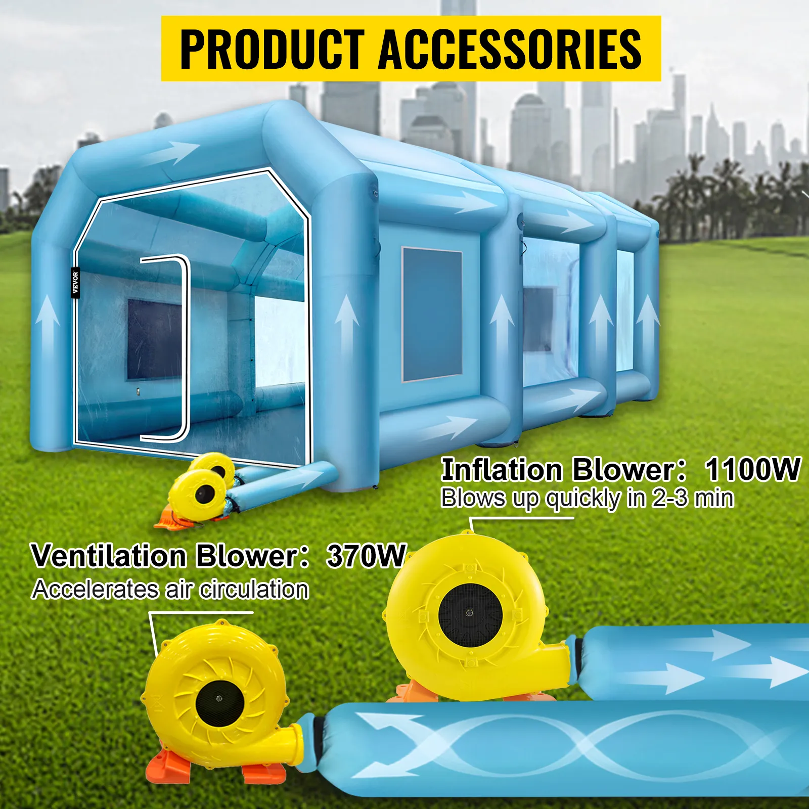 VEVOR inflatable paint booth with blowers, showcasing inflating and venting systems.