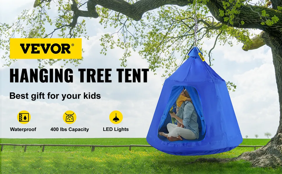 Tienda de campaña colgante para árbol VEVOR, azul, colgada de un árbol con un niño dentro, día luminoso.