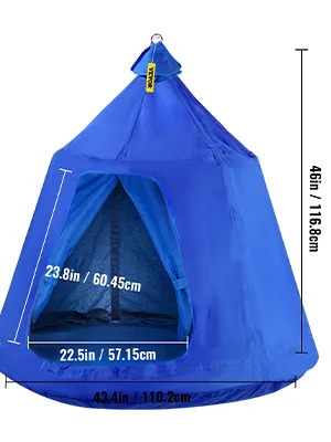 Carpa colgante para árbol VEVOR de color azul, con dimensiones y abertura de entrada etiquetada.