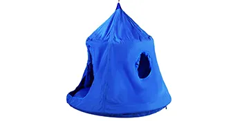 Carpa colgante para árbol VEVOR de color azul con ventanas redondas y techo cónico para uso en exteriores.