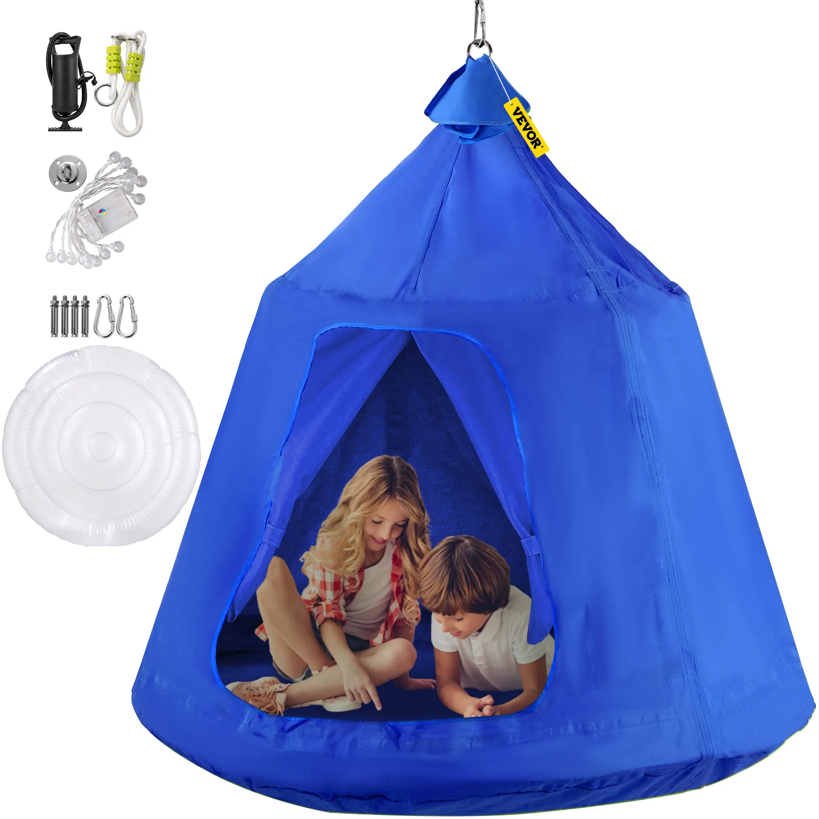 Niños jugando dentro de una carpa colgante de árbol VEVOR azul con accesorios mostrados.