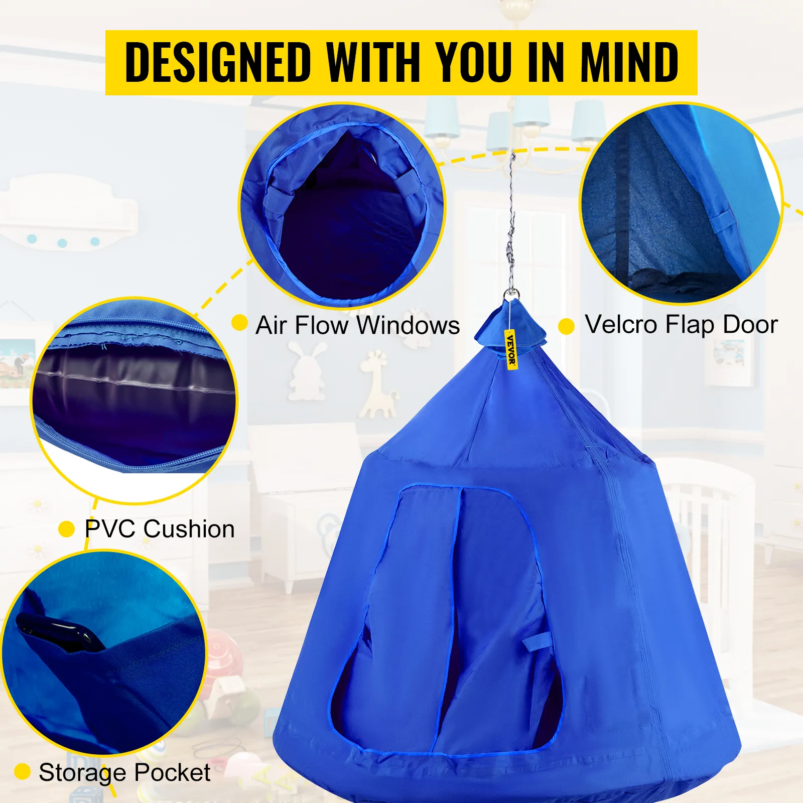Carpa colgante para árbol VEVOR con ventanas que permiten el flujo de aire, puerta con solapa de velcro, cojín de PVC y bolsillo de almacenamiento.