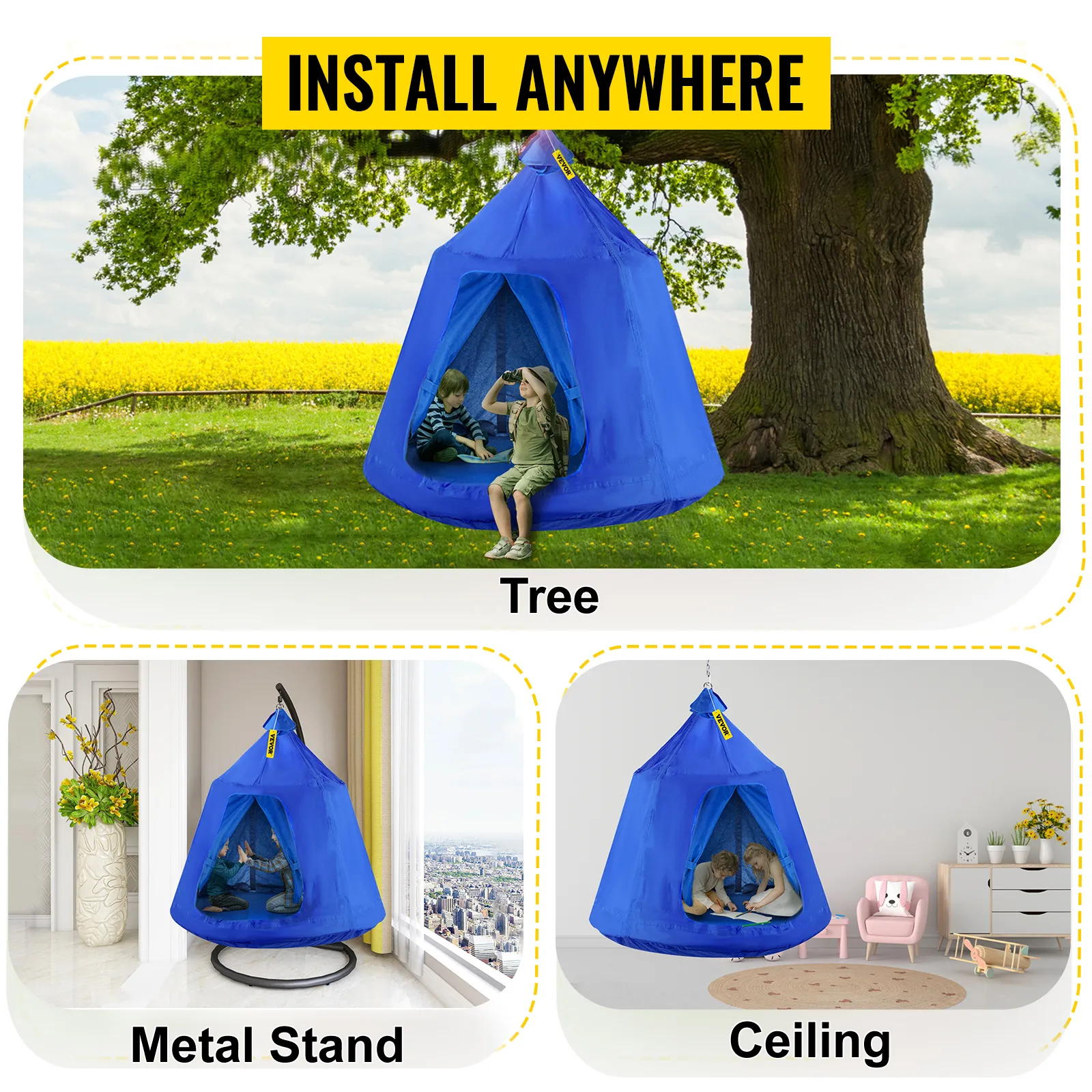 Carpa colgante para árbol VEVOR instalada en un árbol, soporte de metal y techo con niños en el interior.