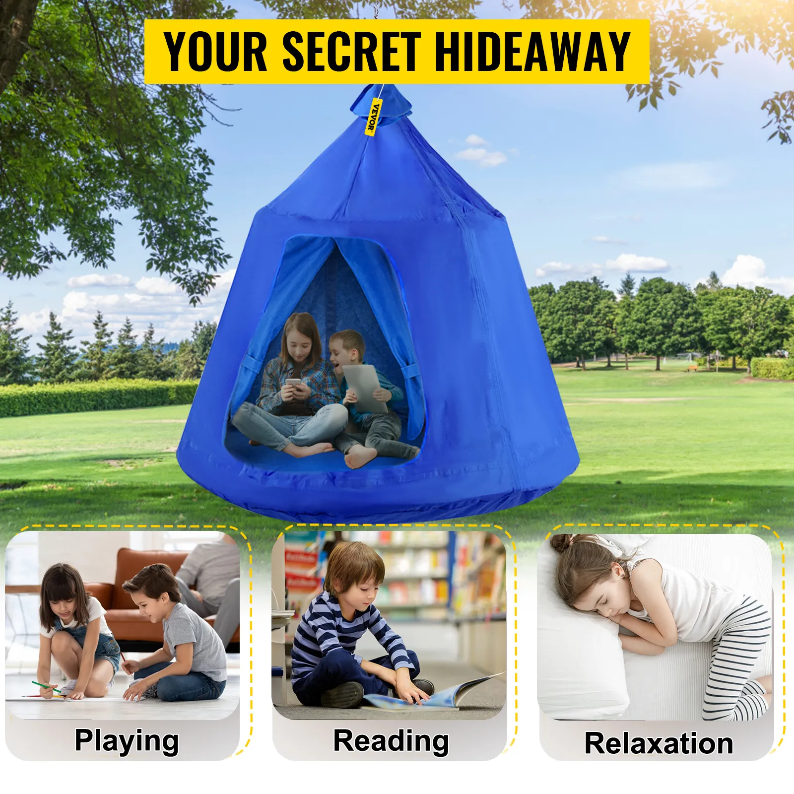 Los niños disfrutan de la carpa colgante VEVOR en un parque para jugar, leer y relajarse.