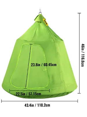 Carpa colgante para árbol VEVOR de color verde con dimensiones etiquetadas 43,4 x 46 pulgadas.