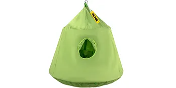 Tienda de árbol colgante VEVOR verde con una ventana frontal circular y un gancho para colgar en la parte superior.