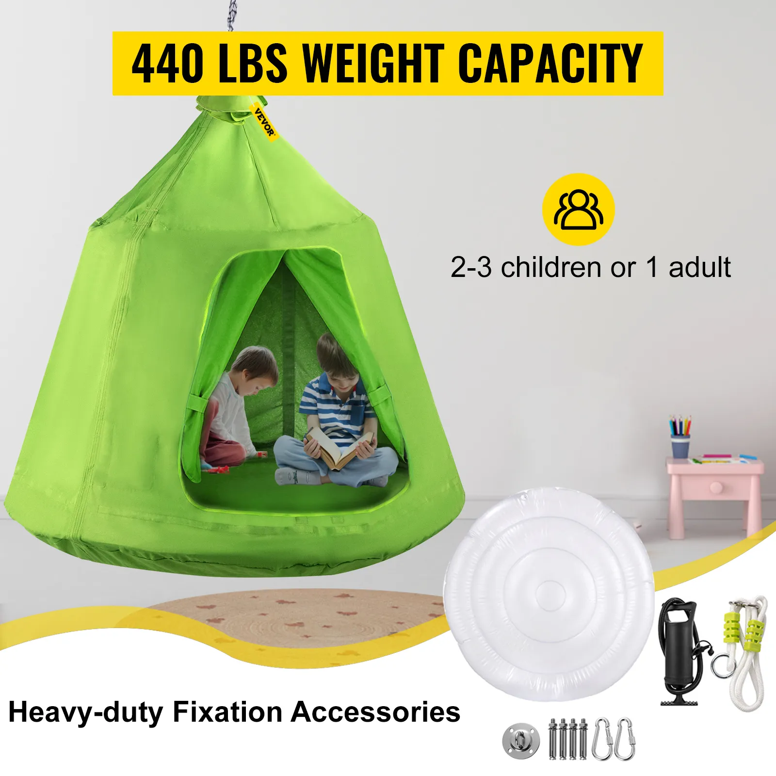 Tienda de árbol colgante VEVOR con tela verde, admite 2-3 niños o 1 adulto, capacidad de 440 libras.
