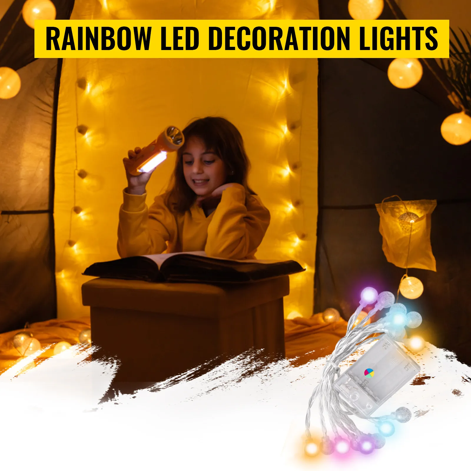 Luces decorativas LED de arco iris alrededor de una carpa colgante de árbol VEVOR, creando un ambiente acogedor.