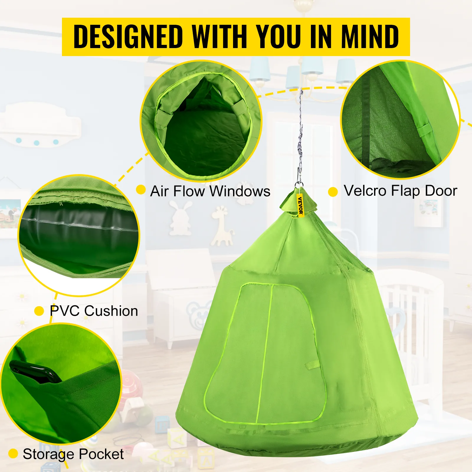 Carpa colgante para árbol VEVOR con ventanas con flujo de aire, cojín de PVC y puerta con solapa de velcro.