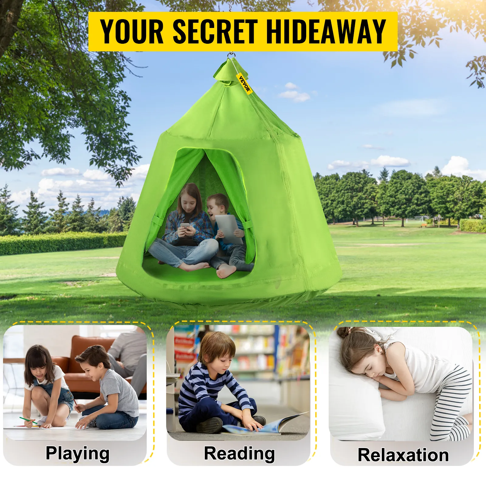 Carpa colgante VEVOR en un árbol en un parque con tres niños adentro, que muestra el juego, la lectura y la relajación.