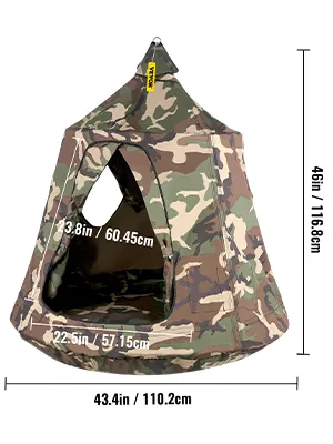 Tienda de campaña colgante para árbol VEVOR con diseño de camuflaje, con dimensiones que se muestran: 43,4 x 46 pulgadas.