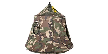 Tienda de árbol colgante VEVOR de camuflaje con ventana redonda y etiqueta de marca amarilla en la parte superior.