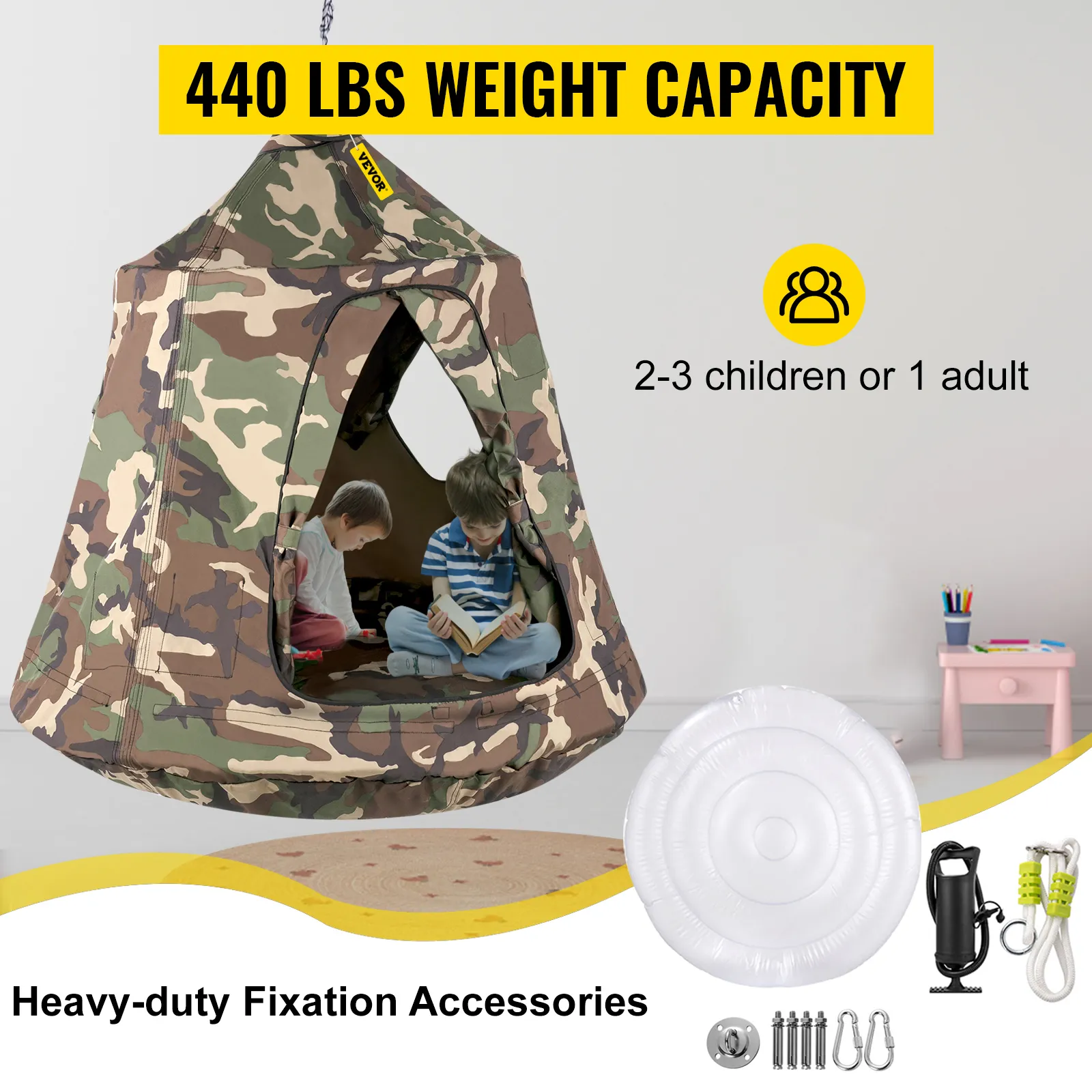 Carpa colgante para árbol VEVOR, diseño de camuflaje, capacidad de 440 lbs, incluye accesorios de fijación.