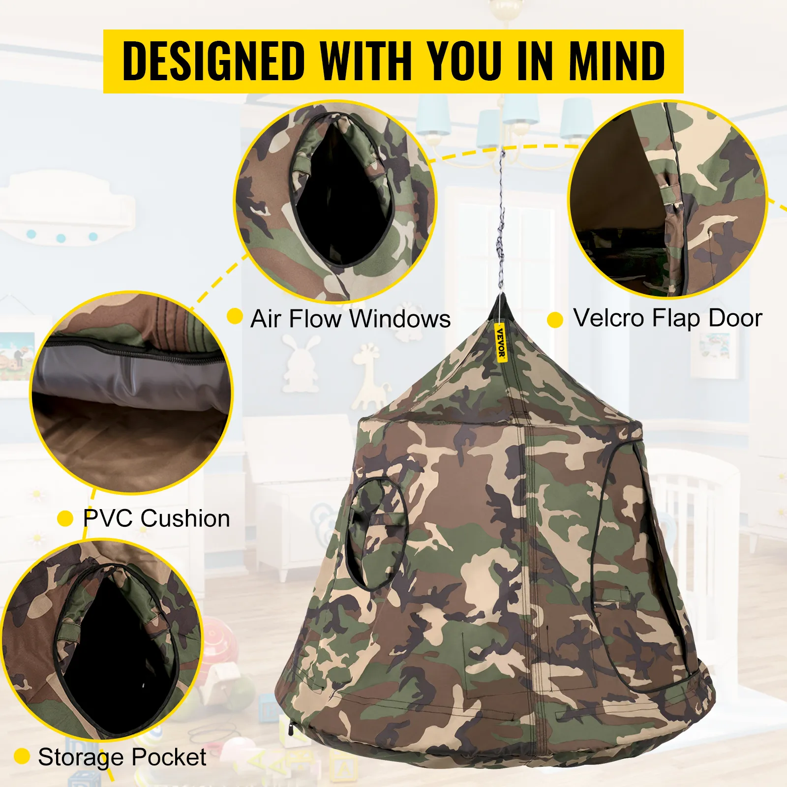 Tienda de campaña colgante para árbol VEVOR con diseño de camuflaje, ventanas con flujo de aire, puerta con solapa de velcro y bolsillo de almacenamiento.