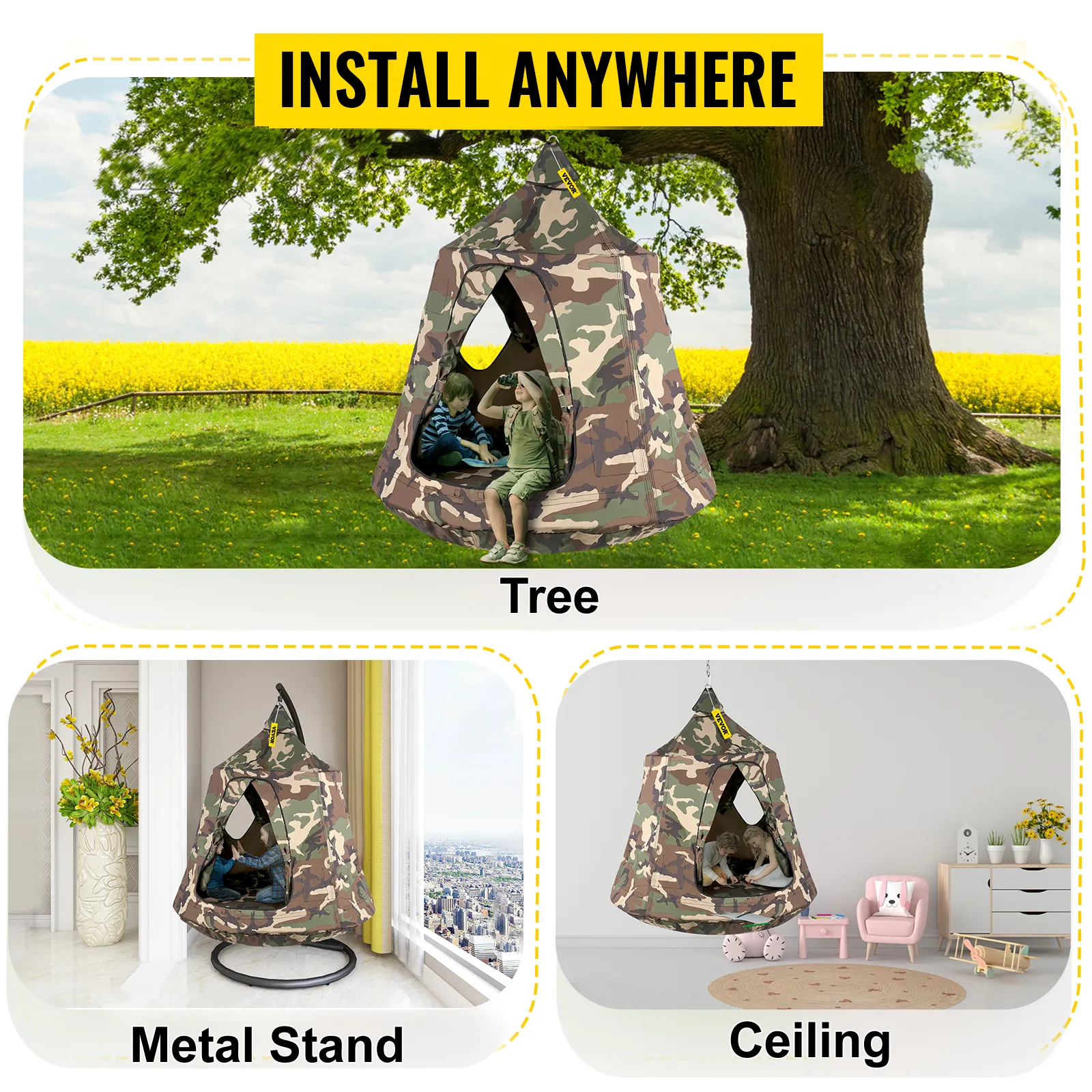 Carpa colgante para árbol VEVOR instalada en árbol, soporte de metal y techo.