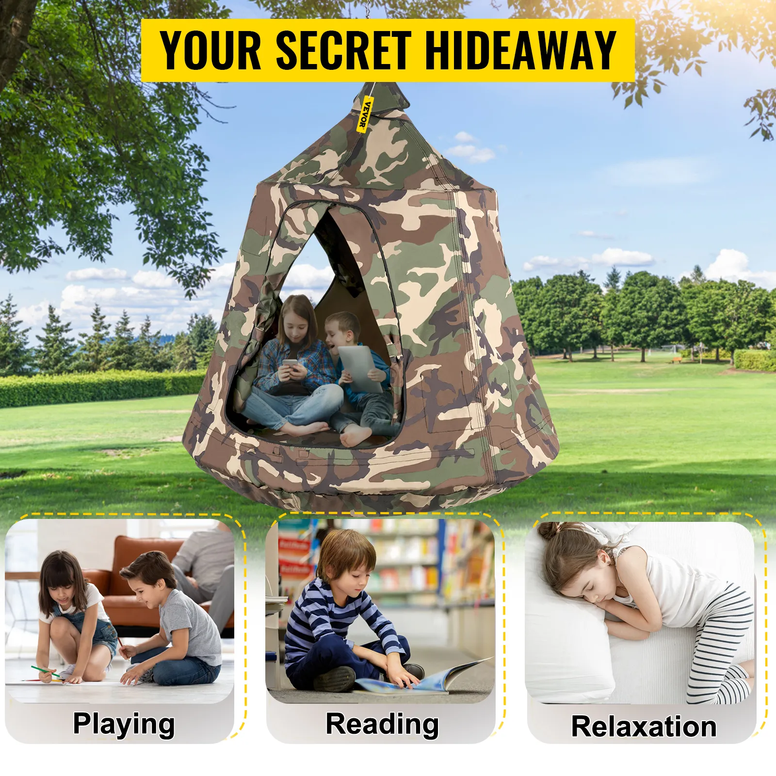 Carpa colgante VEVOR en un árbol en un parque con actividades de juego, lectura y relajación para niños.
